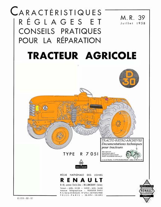 Manuel de rparation - Concessionnaire MR 38 Type D30 (R7051) dit par Renault en 1958.